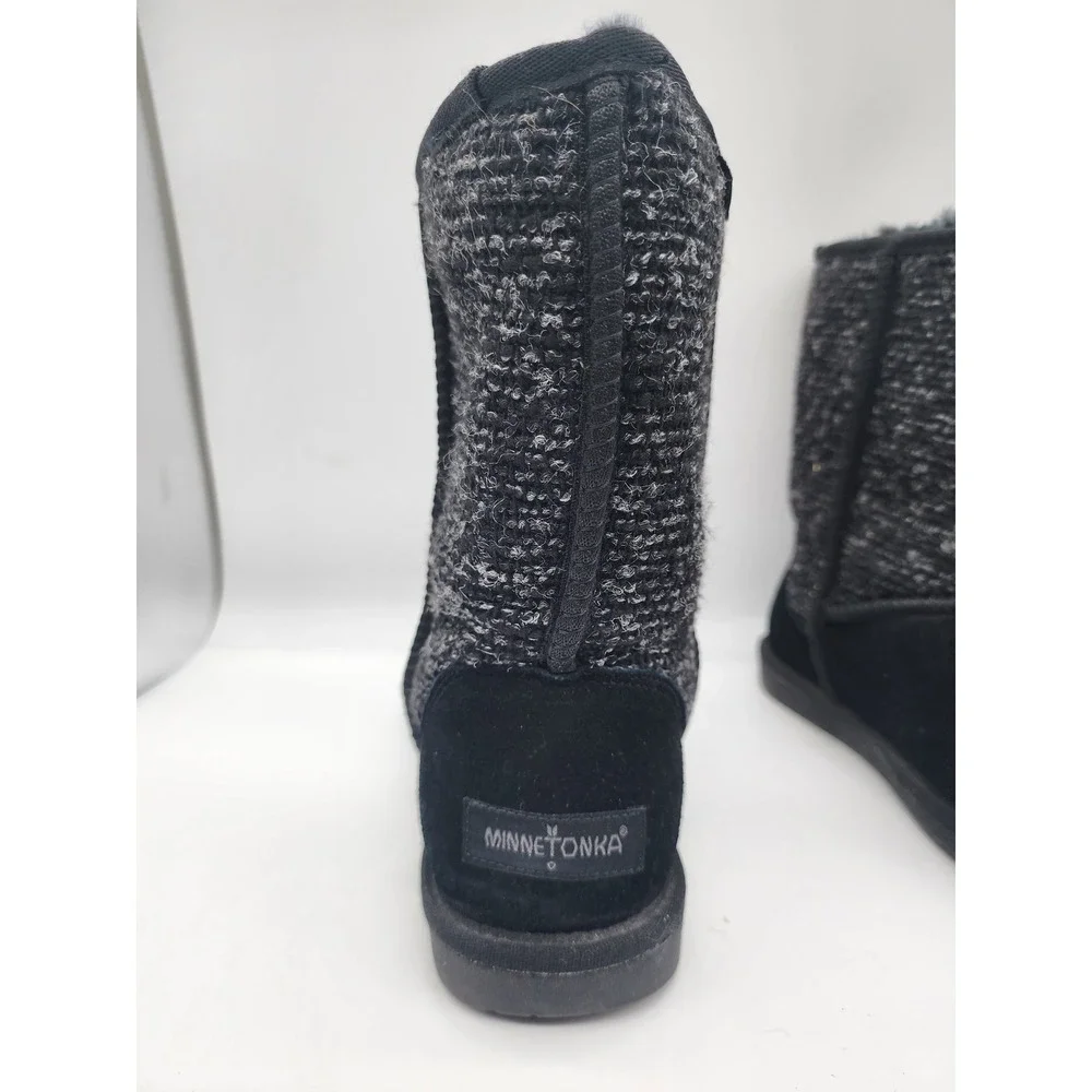 Minnetonka Womens Suede and Knit Mid Calf Winter Boots Black Grey Size 10